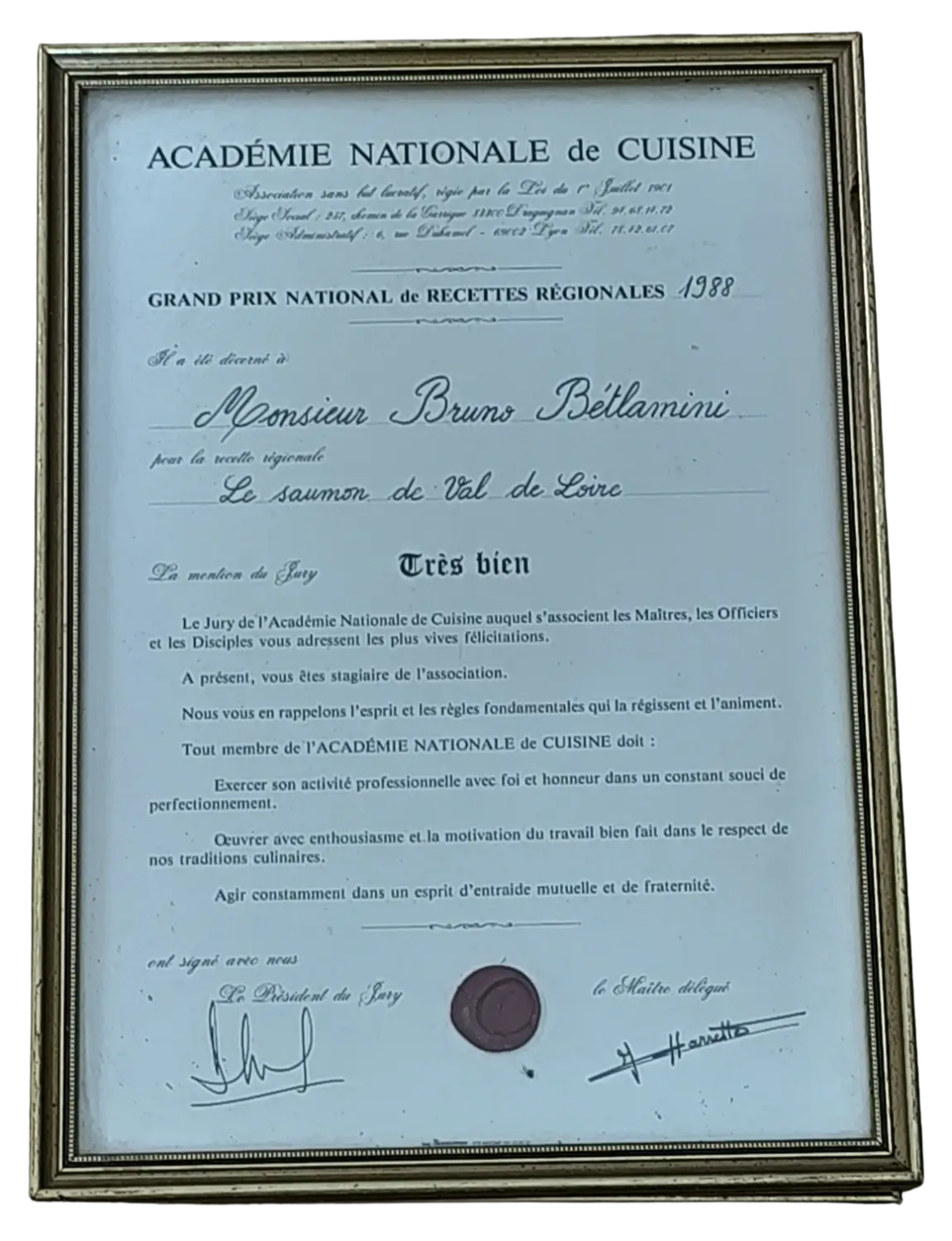 Diplôme Grand Prix National de Recettes Régionales 1988